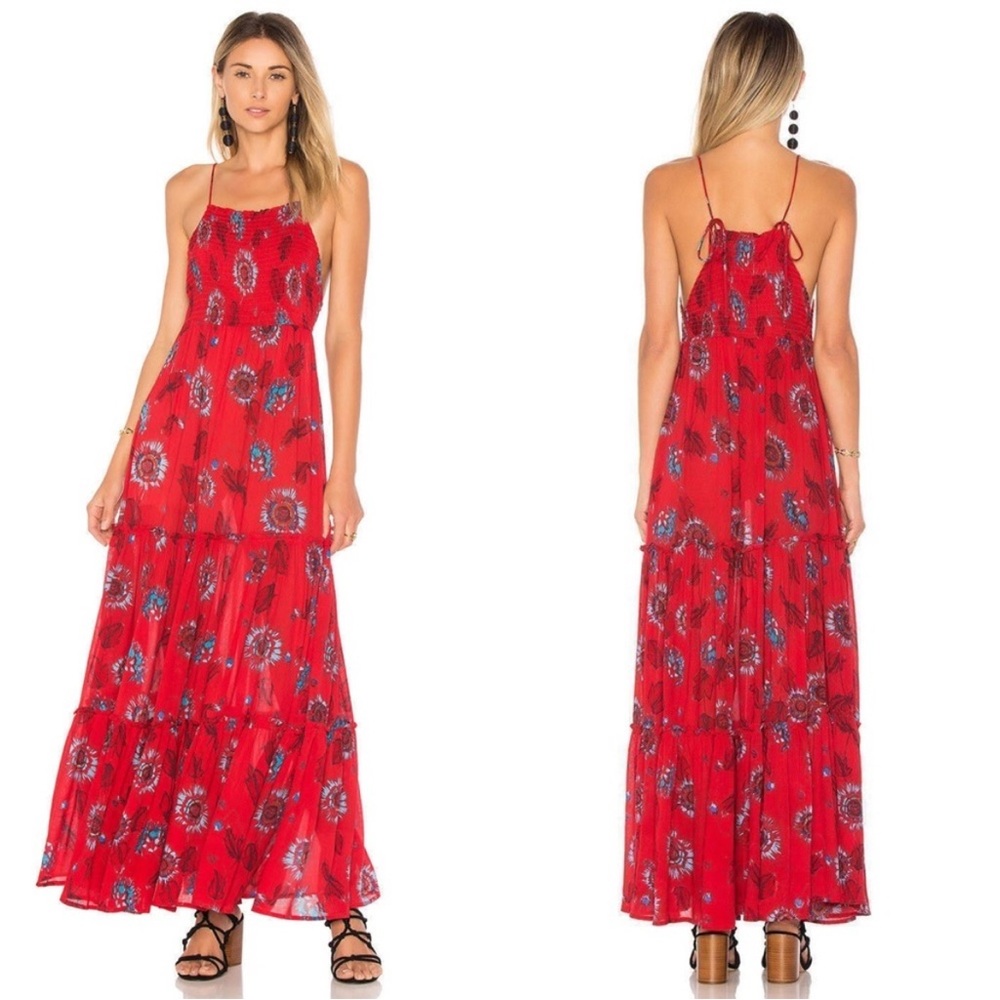 Free People Intimately Garden Party Dress Red Tiered Smocked MaxiSize Small
